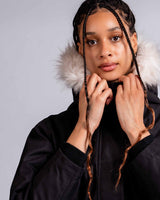 Womens 'The Angel" Faux Fur Hooded Bomber in Black Camo