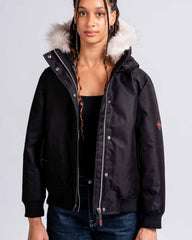 Womens 'The Angel" Faux Fur Hooded Bomber in Black Camo