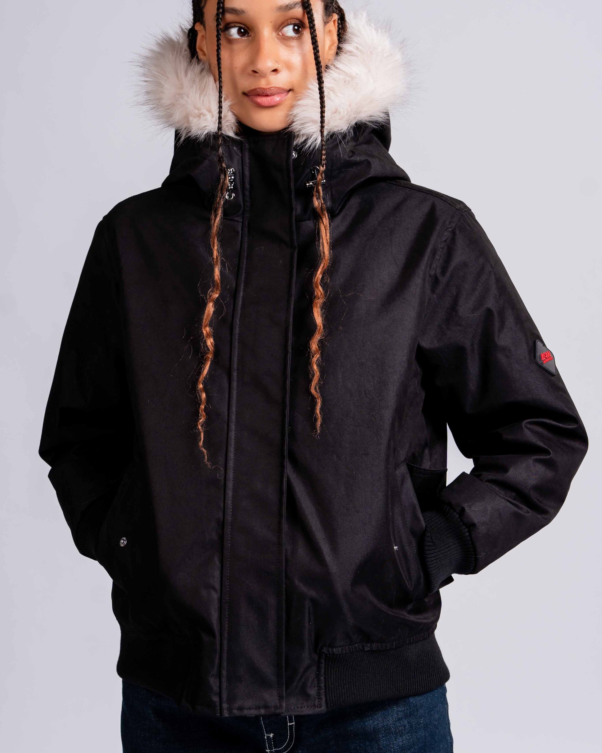 Womens 'The Angel" Faux Fur Hooded Bomber in Black Camo