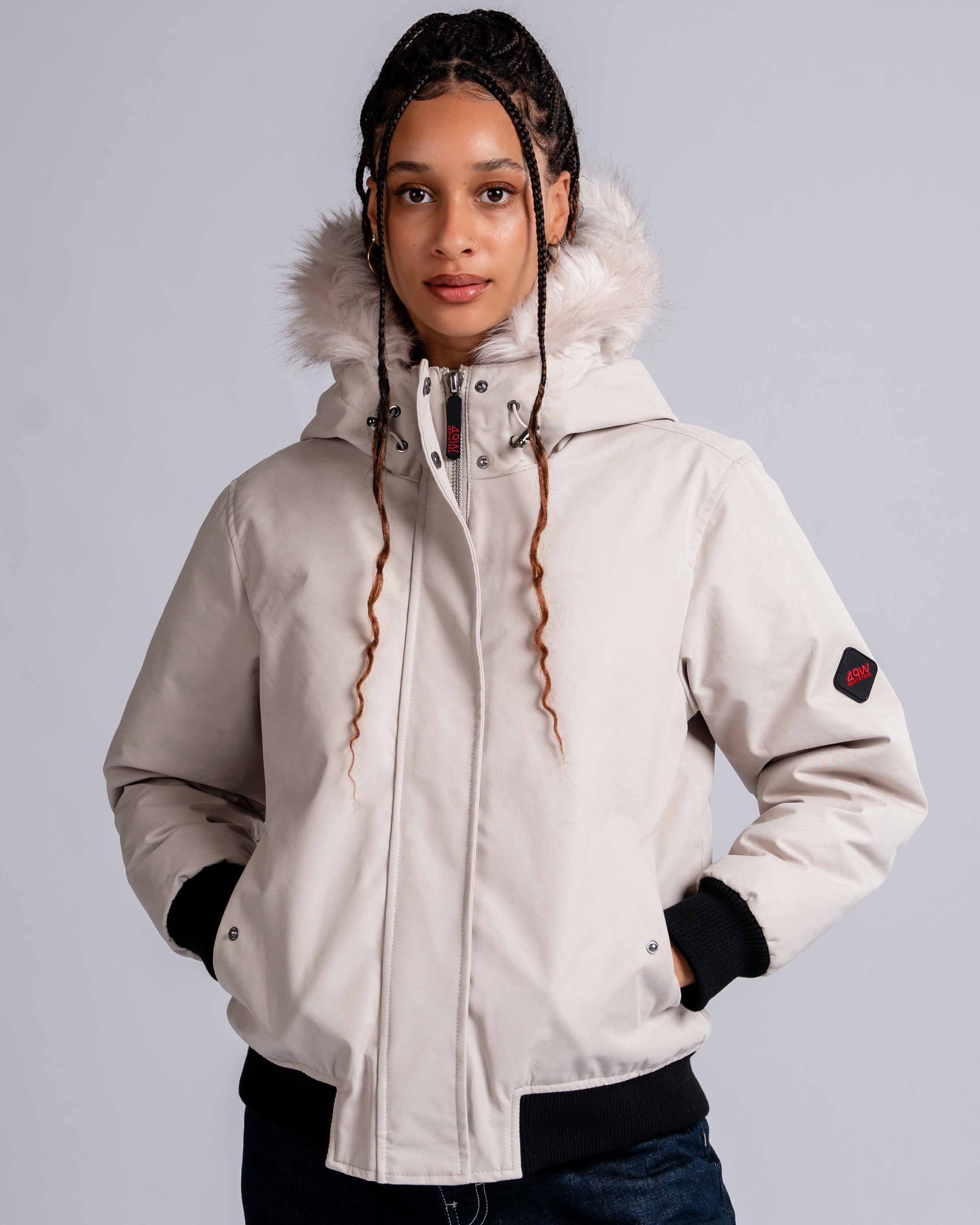 Womens 'The Angel" Faux Fur Hooded Bomber in Ivory Stone