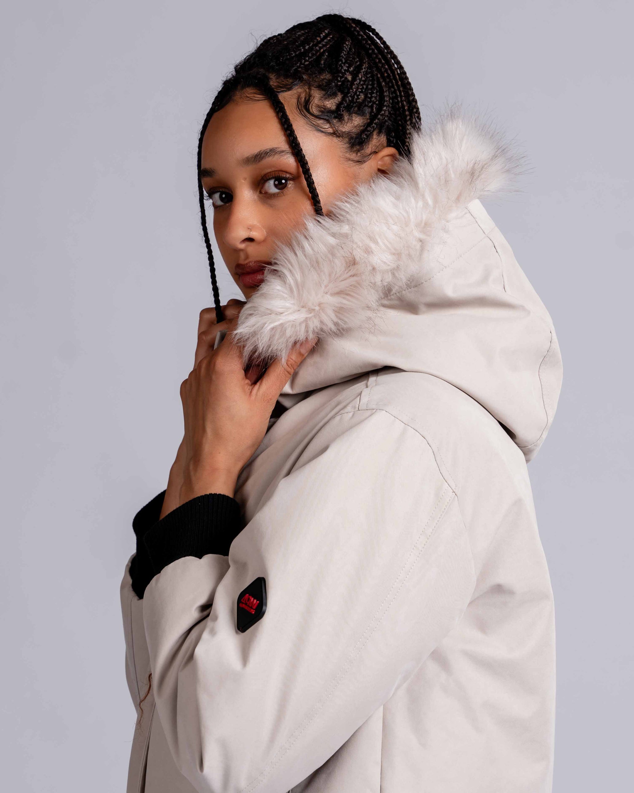 Womens 'The Angel" Faux Fur Hooded Bomber in Ivory Stone