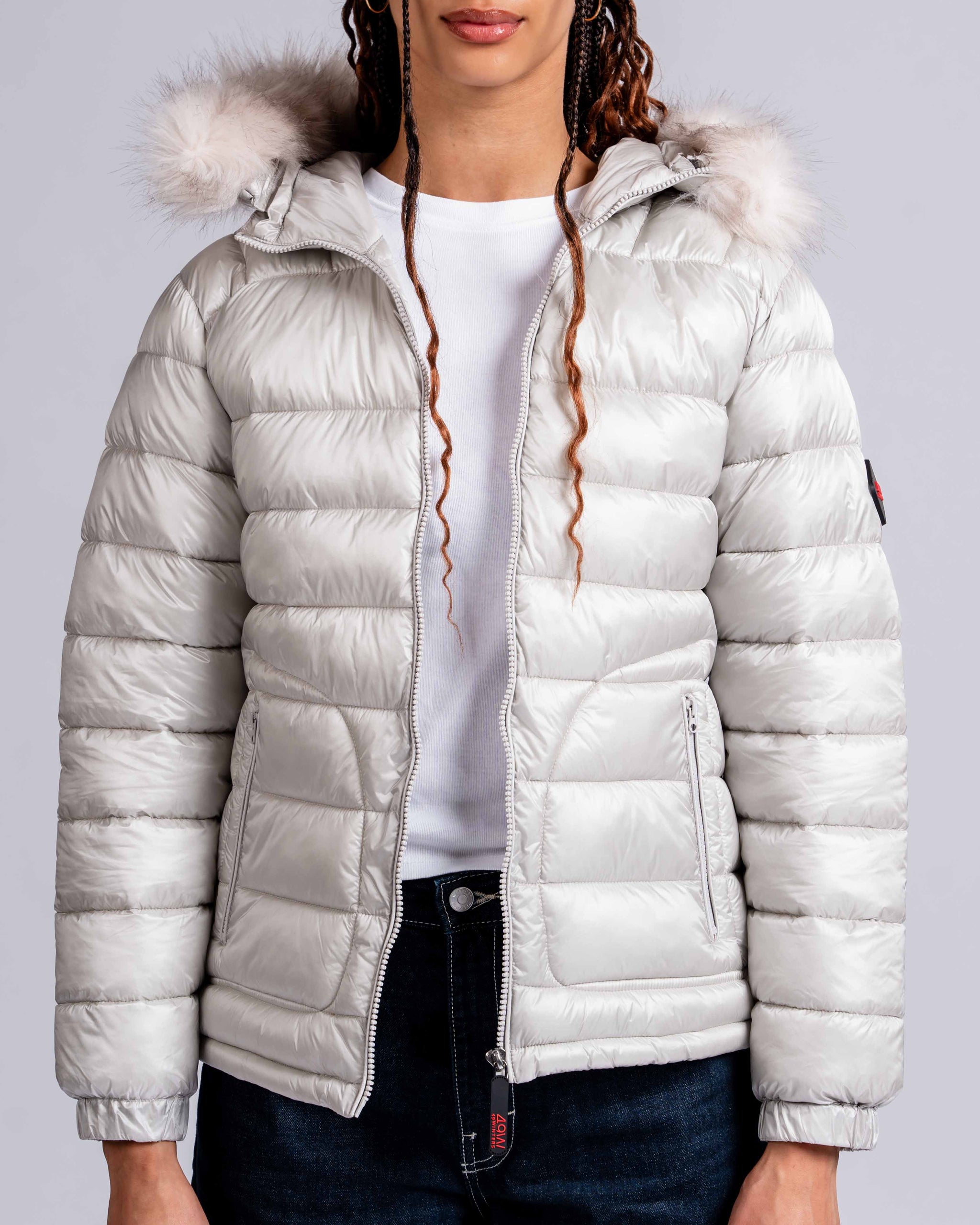 Womens 'The Mayfair' Faux Fur Hooded Puffer in Ivory Stone