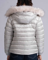 Womens 'The Mayfair' Faux Fur Hooded Puffer in Ivory Stone