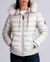 Womens 'The Mayfair' Faux Fur Hooded Puffer in Ivory Stone