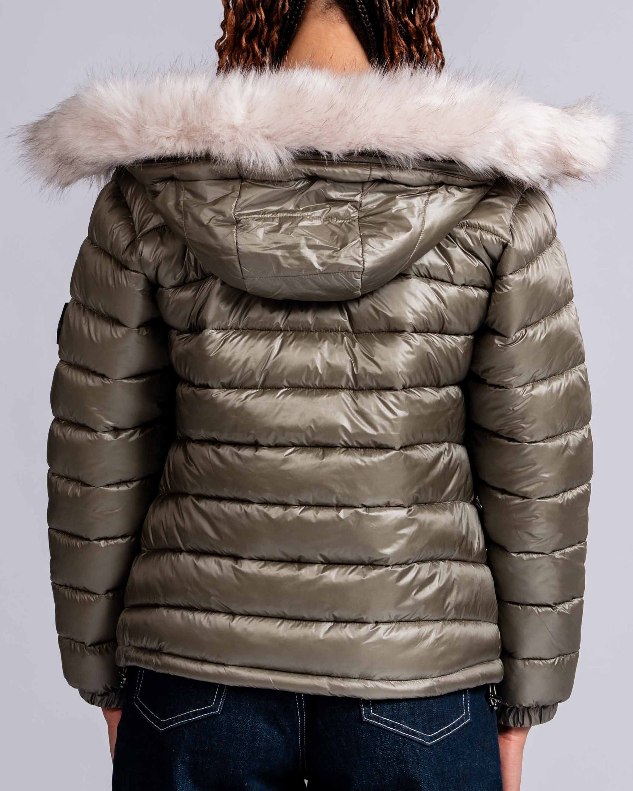 Womens 'The Mayfair' Faux Fur Hooded Puffer in Khaki