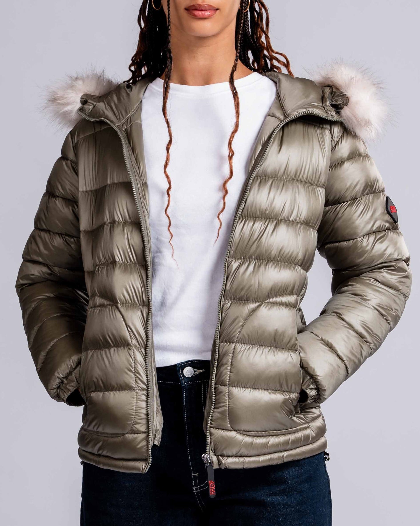 Womens 'The Mayfair' Faux Fur Hooded Puffer in Khaki