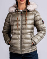 Womens 'The Mayfair' Faux Fur Hooded Puffer in Khaki