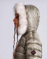 Womens 'The Mayfair' Faux Fur Hooded Puffer in Khaki