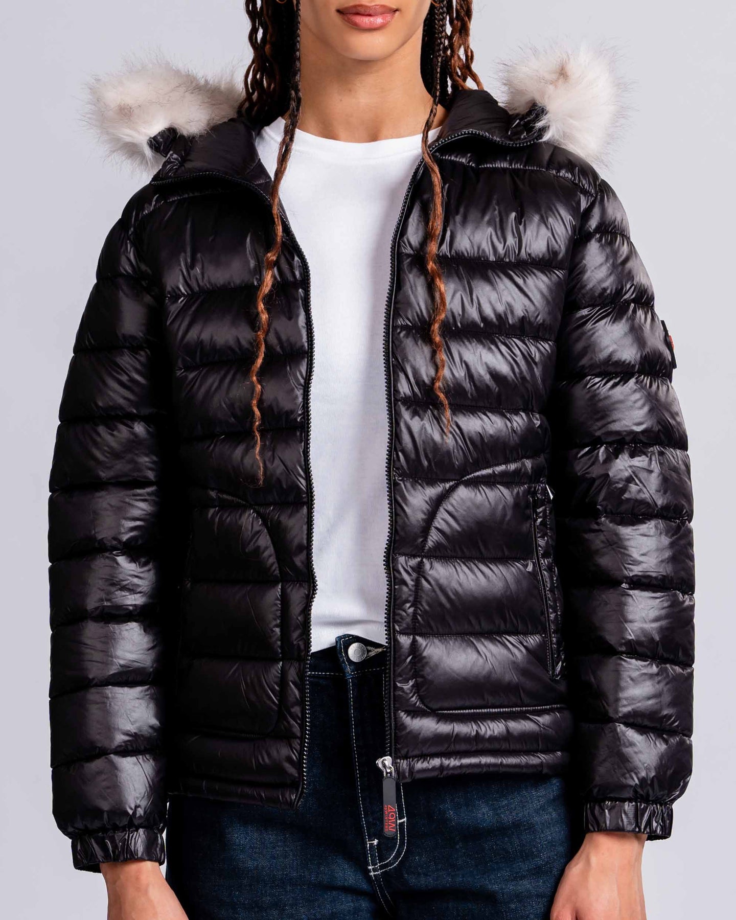 Womens 'The Mayfair' Faux Fur Hooded Puffer in Black