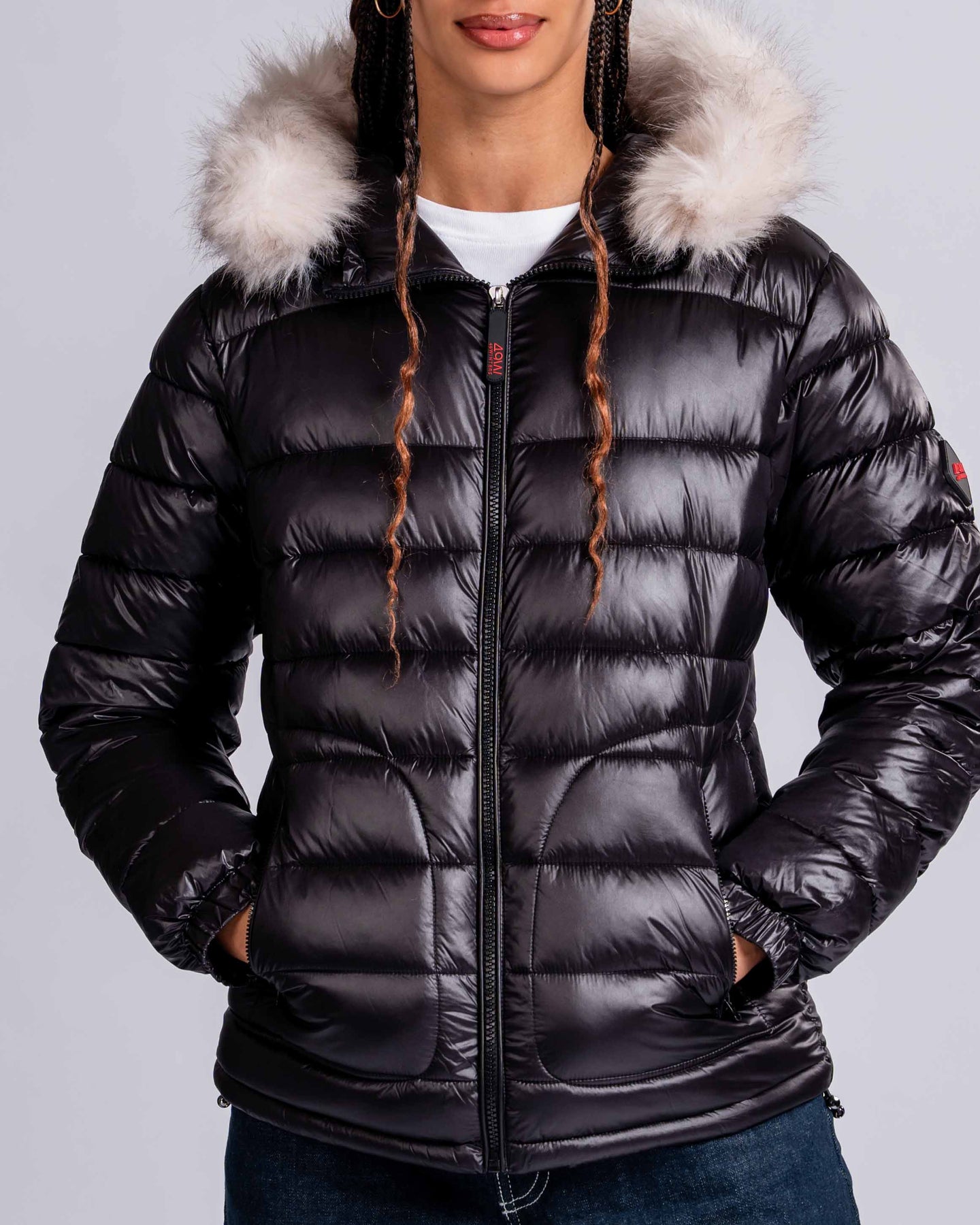 Womens 'The Mayfair' Faux Fur Hooded Puffer in Black