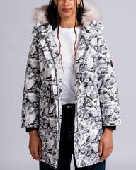 Womens 'The Covent" Faux Fur Hooded Parka in Ice Camo