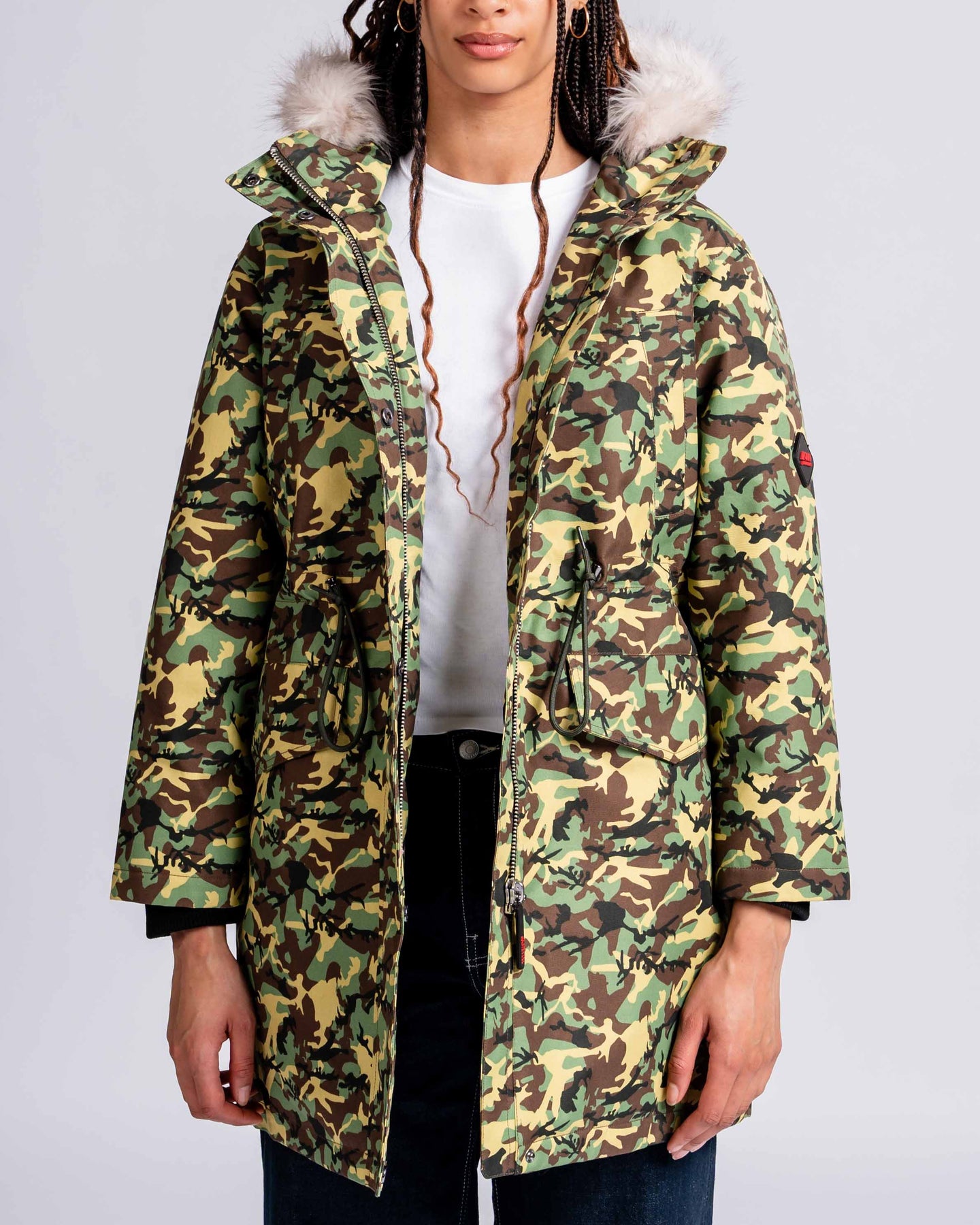 Womens 'The Covent" Faux Fur Hooded Parka in Green Camo