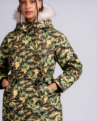 Womens 'The Covent" Faux Fur Hooded Parka in Green Camo