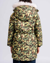 Womens 'The Covent" Faux Fur Hooded Parka in Green Camo