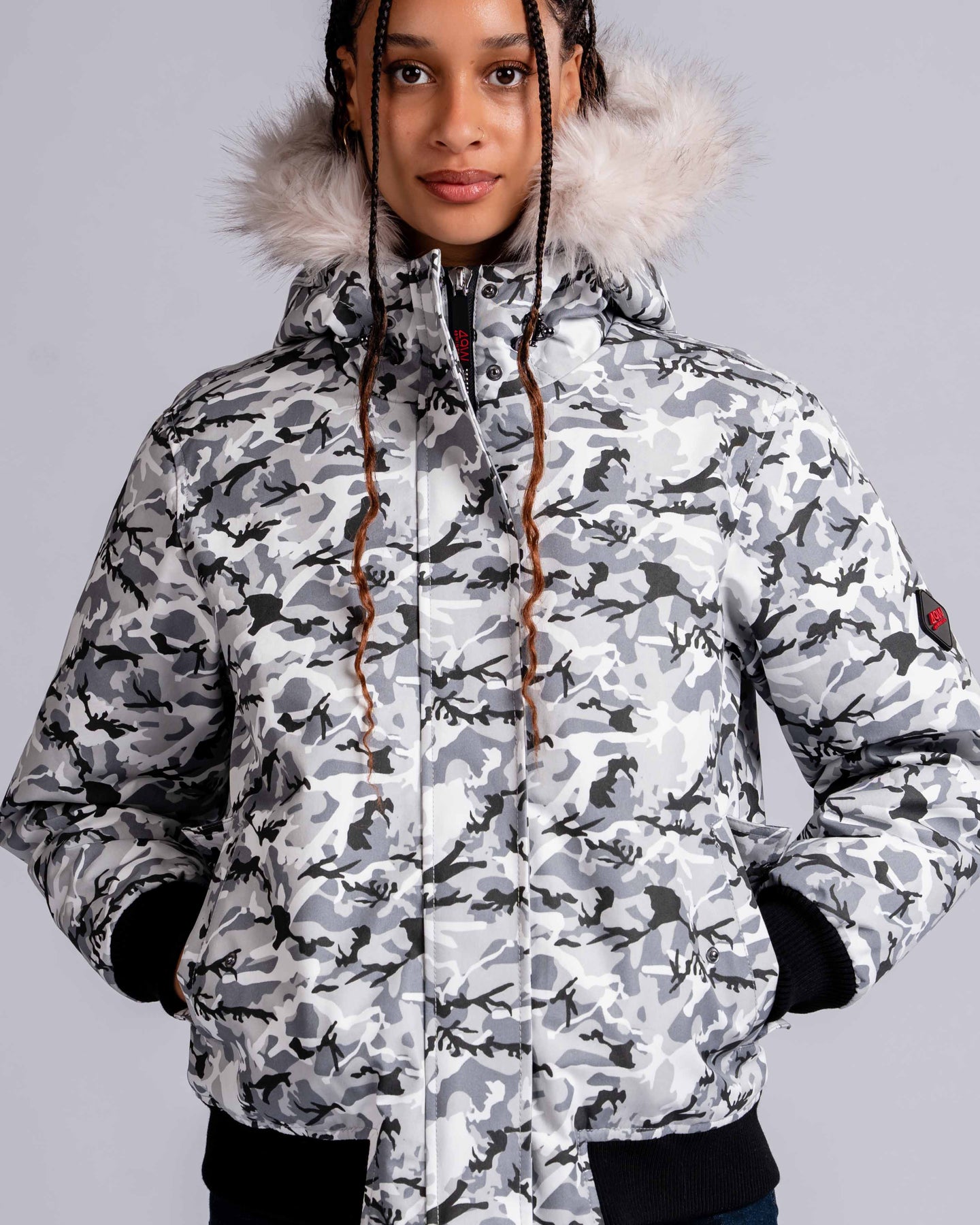 Womens 'The Angel" Faux Fur Hooded Bomber in Ice Camo