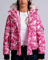 Womens 'The Angel" Faux Fur Hooded Bomber in Pink Camo