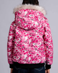 Womens 'The Angel" Faux Fur Hooded Bomber in Pink Camo