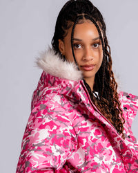 Womens 'The Angel" Faux Fur Hooded Bomber in Pink Camo