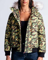 Womens 'The Angel" Faux Fur Hooded Bomber in Green Camo