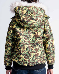 Womens 'The Angel" Faux Fur Hooded Bomber in Green Camo