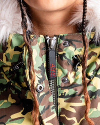 Womens 'The Angel" Faux Fur Hooded Bomber in Green Camo